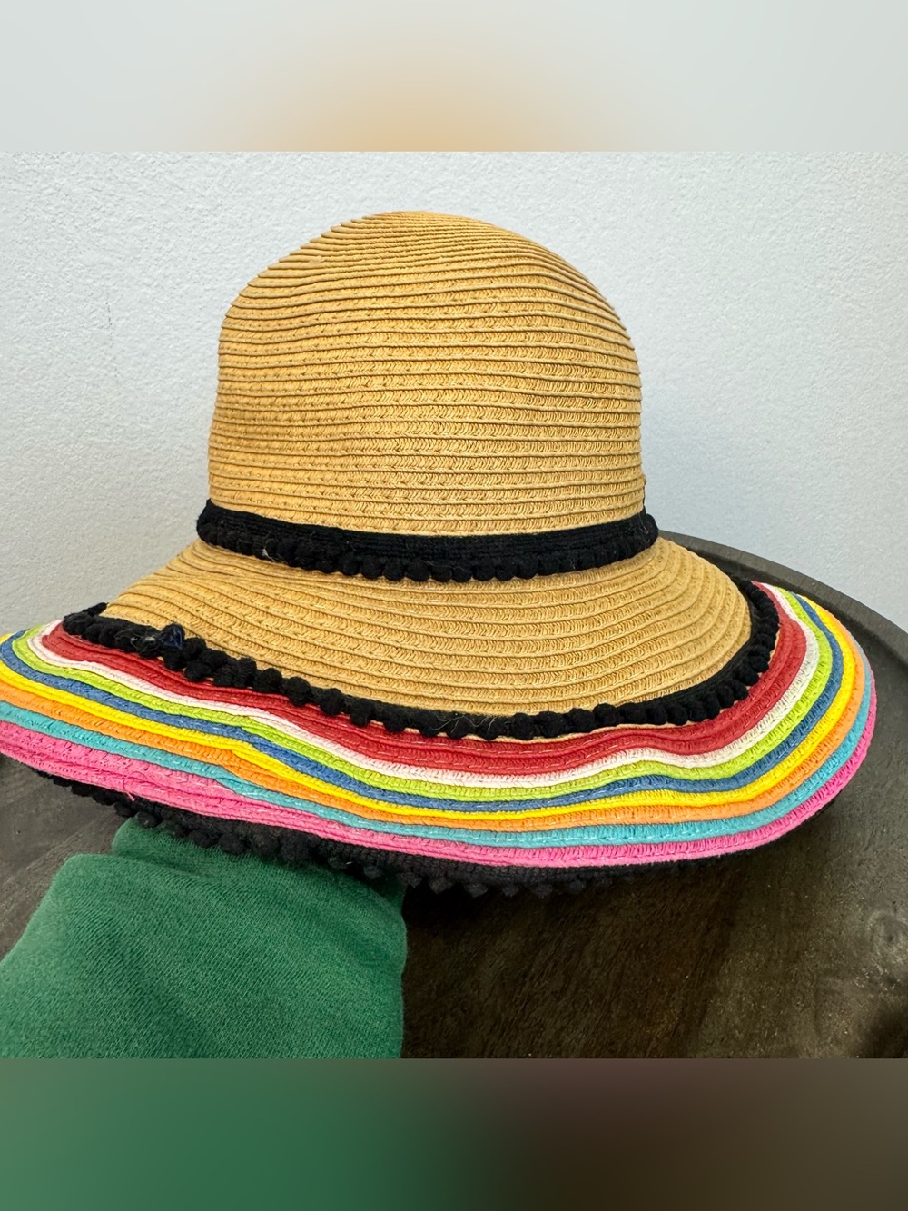 Betsey Johnson Straw Packable Beach Hat Striped Pom Trim Multicolor Vacation
